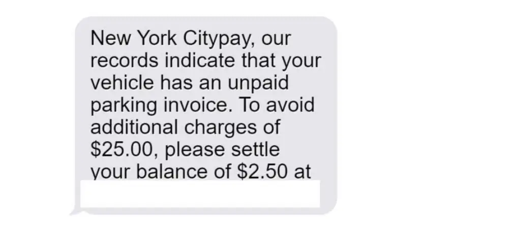 NYC City Pay Unpaid Parking Invoice Text Scam