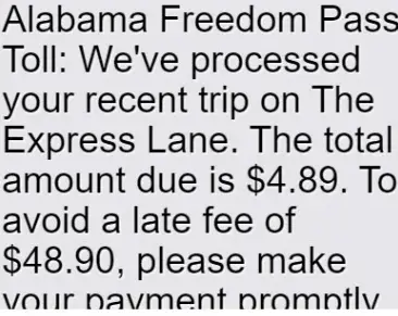 Fake Alabama Freedom Pass Scam Text